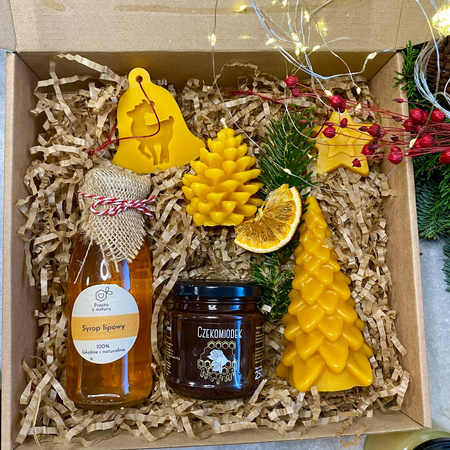 Zestaw świąteczny duży z syropem, miodem i świecą wigilijną - warianty